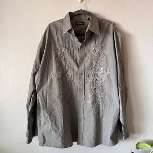 Knockout brand men's button-down shirt featuring filigree embroidery on the fron